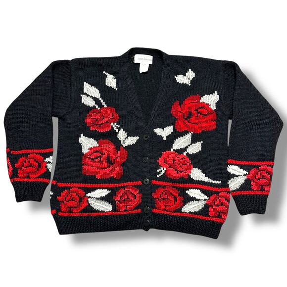 Vintage 80s Wool Rose Cardigan Sweater Black Red Rose Floral Knit Cottagecore M - Picture 1 of 5